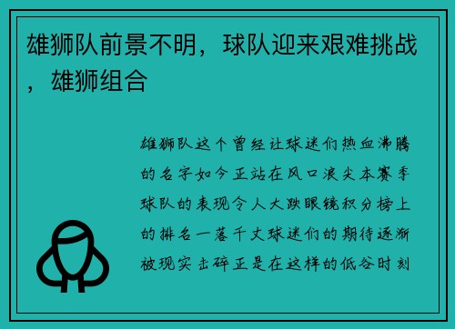 雄狮队前景不明，球队迎来艰难挑战，雄狮组合
